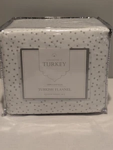 Turkish Flannel Sheets Queen Sheet Set - 4 Piece, Soft New White w/ gray dots. - Picture 1 of 7