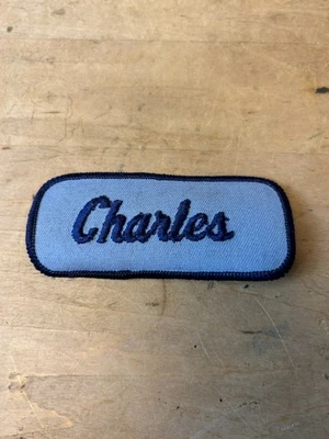 Vtg 70s CHARLES Sew On Embroidered Clothing Jacket Uniform Name Patch BLUE - Image 1 of 3