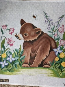 Amanda Lawford~Sweet Baby Bear & Bee~Garden~Nature~Needlepoint Canvas - Picture 1 of 5