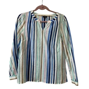 Talbots NWOT Womens Sz Medium Petite Cotton Striped Popover Blouse Spring Beach - Picture 1 of 5