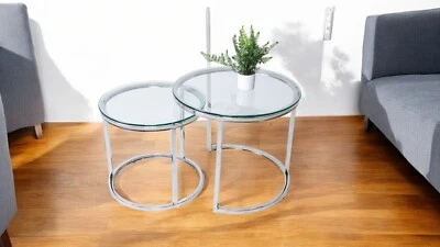 2 Pcs Modern Nesting Coffee Table Set, Tempered Glass Top, Chrome Silver Finish - Image 1 of 4