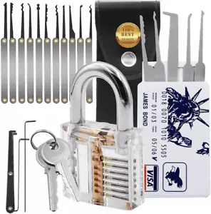 Lockpicking 20 Teiliges Dietrich Set Mit Transparentem Trainingsvorhängeschloss - Bild 1 von 12