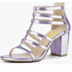 FSJ Women Chunky Mid High Heel Sandals Open Toe T-Strap Pumps Cutout Purple Shoe - Picture 1 of 8