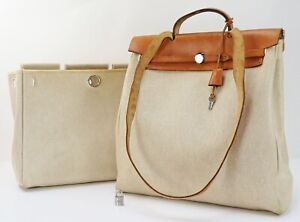 Auth HERMES Her Bag 2 in 1 Beige Canvas and Leather Tote Shoulder Bag #48923