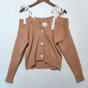 Cinq a Sept Sweater S Dash Ribbon Tie Wool Warm Beige Cardigan Off Shoulder - Picture 1 of 14