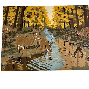 Vintage Paint By Number PBN Painting Deer Stag Doe Autumn Forest 15” x 11” - Picture 1 of 5