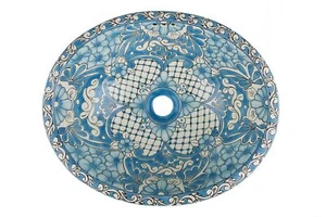 Built-in sink ceramic sink in turquoise oval for bathroom - Lorena - Picture 1 of 6