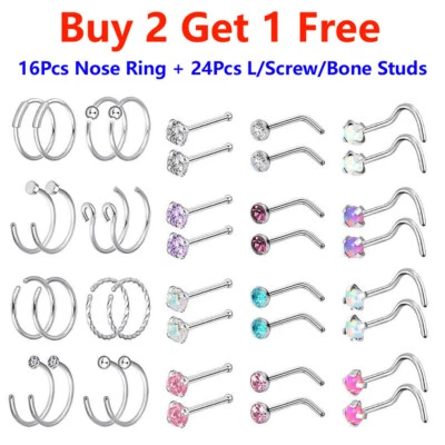 Juego de 16-40 piezas de pernos de aro de anillo de nariz de acero quirúrgico recto/L/tornillo 20G Foto 1 de 4