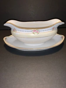 Vintage Nippon Handpainted Gravy Boat With Under Plate Gold W/roses - Picture 1 of 6