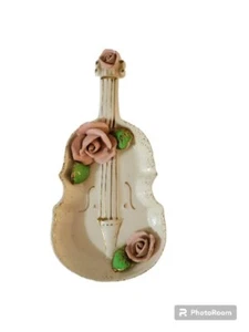 Vintage Lefton Violin Chello Trinket Dish Pink Roses - Picture 1 of 9