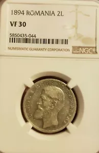 1894 2 Lei Silver.  Romania. Brussels Mint. Carol I . NGC VF 30 - Picture 1 of 2