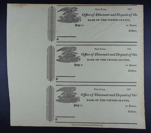 183_ (Second) Bank of the United States Unissued Checks, Uncut Sheet of 3 Cover