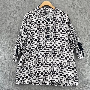 John Mark Top Womens Large White Ikat Dye Linen Blend 1/4 Button Up 3/4 Sleeve - Picture 1 of 12