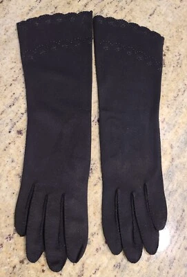 Guantes formales elásticos de nailon negros de colección talla S/M de 14" bordados de vieira Foto 1 de 4