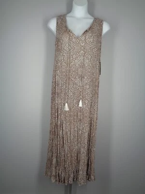 Roamans Floral Paisley Crinkle Sleeveless Maxi Dress Size 14/16 Rayon Tassel New - Image 1 of 4