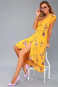 Free People Midikleid Damen S Lost In You Blumen goldgelb V-Ausschnitt Rüschen - Bild 1 von 10