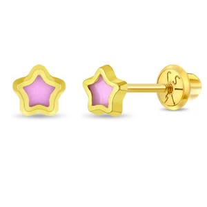14k Gold Pretty in Pink Star Baby / Toddler / Kids Earrings Safety Screw Back - Zdjęcie 1 z 1