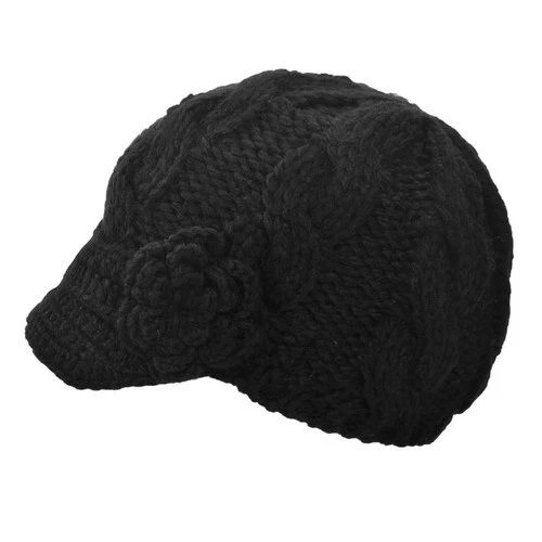 Wm's Black Hand Knitted Newsboy Hat Cap w/ Short Soft Visor Side Crochet Flower - Image 1 of 1