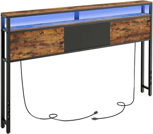 King Size Headboard, LED Headboard with 2 Storage Shelves, Storage Rack with 2 O - Picture 1 of 9