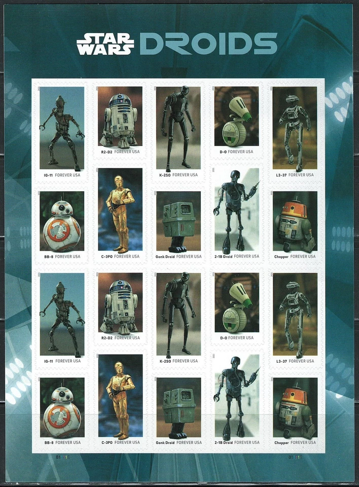 Mint US Star Wars Droids Pane of 20 Forever Stamps Scott# 5573-5582 (MNH) - Image 1 of 1
