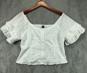 NWT Womens Tops Large Crop Boho Love By Design White Smock Eyelet Puff Sleeve - Picture 1 of 8