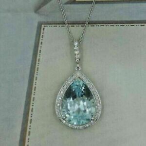 3Ct Pear Cut Aquamarine Necklace Halo Pendant 14K White Gold Plated Free Chain