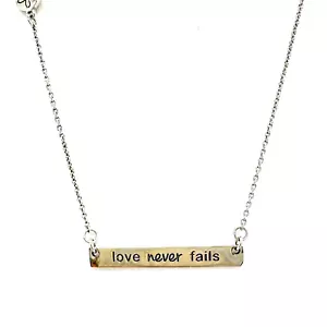 Alexa's Angels Bar Necklace Silver Tone Love Never Fails Adjustable Signed - Picture 1 of 8