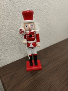 Mini Christmas Red Nutcracker Soldier w/Lollipop Staff - Hand Painted -Wood - Picture 1 of 7