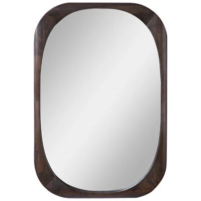 Mid Century Modern Rounded Wood Oval Wall Mirror, Vanity Geometric Retro Dark - Image 1 of 4