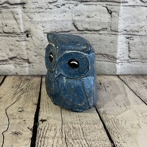 12cm x 10cm Blue Flower Wooden Shabby Owl Statue Ornament Fair Trade Handcarved - Picture 1 of 11