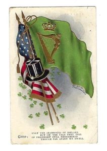 c1909 Patriotic St Patrick's Day Postcard Gold Harp, Black Top Hat, US Flag - Picture 1 of 2