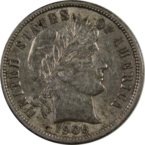 1906 Barber Dime AU About Uncirculated 90% Silver 10c Coin SKU:I4950 Cover
