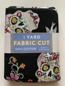 Fabric 1-Yard Cut Day of the Dead Sugar Skulls Glitter 100% Cotton Black Multi - Picture 1 of 2