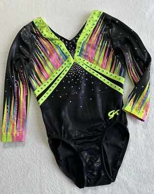 GK ELITE Competition LEOTARD gymnastics NEON Pink BLACK Rhinestone & Studs CL - Image 1 of 4