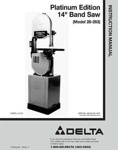 Delta 28-263 14" Platinum Band Saw Instructions Manual - Foto 1 di 1