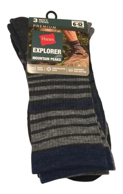 Juego de 3 calcetines Hanes Explorer Mountain Peaks Crews para hombre 6-12 gris azul blanco Foto 1 de 4