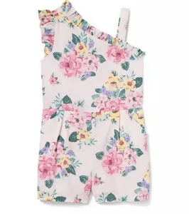 NWOT Janie & Jack Pink Floral Romper Sz 12 Garden Ruffle One Shoulder Cotton - Picture 1 of 13