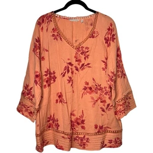 Soft Surroundings Garden Gauze Tunic Women's 1X Orange Cotton V-neck 3/4 sleeve - Picture 1 of 15