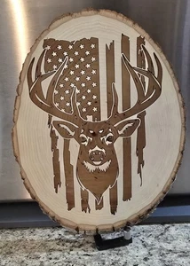 Individuell lasergraviert geschnittenes Lindenholz - Hirsch/amerikanische Flagge Motiv. 8x10 - Bild 1 von 4
