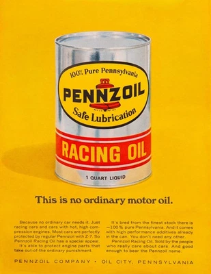 1960's  Pennzoil "Racing Oil" Yellow - Vintage Reproduction Print 8.5"x11" - Image 1 of 2