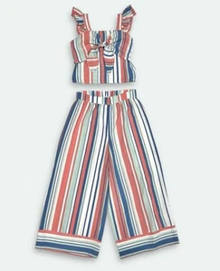 Girls Colorful Striped Tie-Front Crop Top And Wide Leg Pant Set Knit Works Sz 10 - Picture 1 of 15