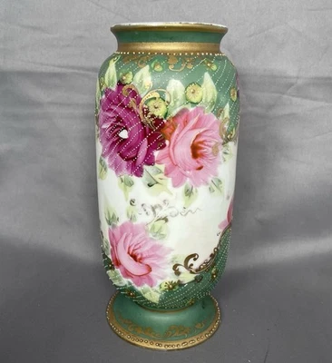 Jarrón antiguo pintado a mano Nippon Moriage - rosas. Oro, sin marca Foto 1 de 4