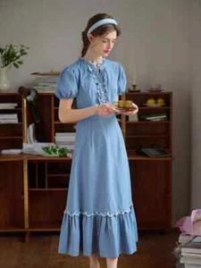 Amelie Lace Collar Trimmed Lace-up Puff Sleeves 100% Cotton Dress Size Small - Picture 1 of 9