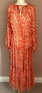Mango Dress Size 14 Midi Orange Pink Ruffled Print Long Sleeves - Picture 1 of 8
