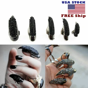 Punk False Crystal Rhinestone Nail Cat Claw Talon Wrap Ring Cosplay Free Ship - Picture 1 of 2