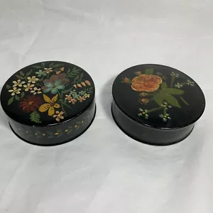 SCATOLE PORTAGIOIE VINTAGE 2 pezzi lacca nera fiori dipinti a mano TONDO 2,75" - Foto 1 di 12