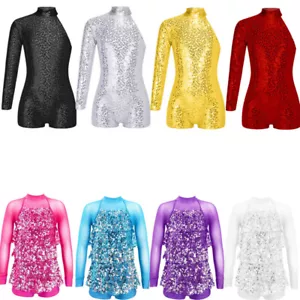 Girls Shiny Sequins Jazz Latin Dance Dress Ballet Leotard Performance Jumpsuit - Picture 1 of 77