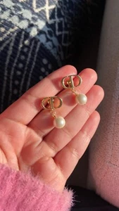 Dior Petit CD Earrings Gold-Finish Metal and White Resin Pearls - Picture 1 of 3