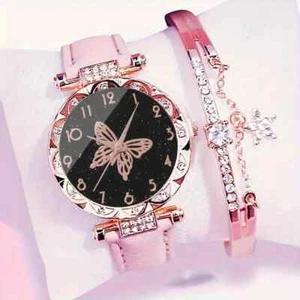 Modische Damen-Quarzuhr + 1 Stück Armband, roségoldenes Legierungsgehäuse Kunstleder - Bild 1 von 6