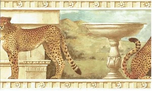 JAGUAR CATS STANDING MOUNTAINS BIRD POOLS AND GRASSY FIELD Wallpaper bordeR Wall - Picture 1 of 3